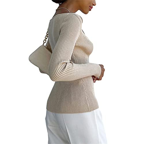 usmle Women Sexy Stretch Ribbed Knit Crop Tops Long Sleeve Sweetheart Neck Jumpers Slim Fit Pullover Sweater (Khaki, M) - #EVIMomStuff#