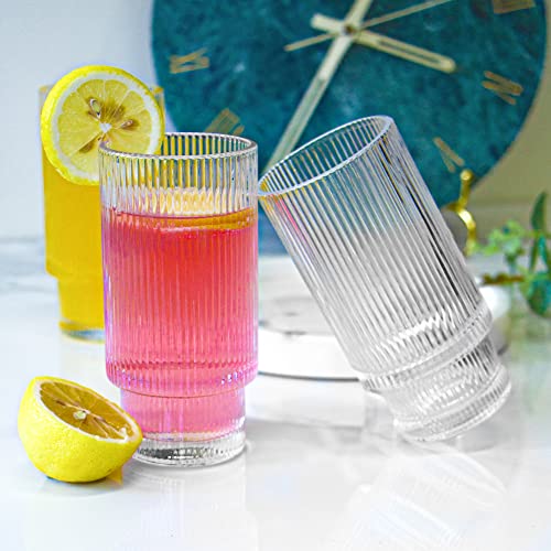 Ribbed Glass Cups With Straws 12oz, Drinking Glasses 4, Ribbed Glassware,  Cocktail Glasses, Vintage