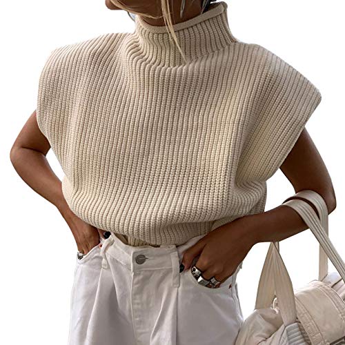 usmle Women 's Knit Sweater Vest Turtleneck Sleeveless Jumpers Tank Tops Shoulder Pads Fall Winter Knitwear Shirts Streetwear (Apricot, M)