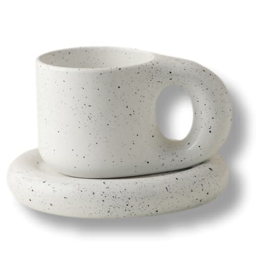 OCHS LIFESTYLE Ceramic Mug Saucer, Handmade Ceramic Fat Handle Mug with Saucer Set (300ml, White & Black Speckle)