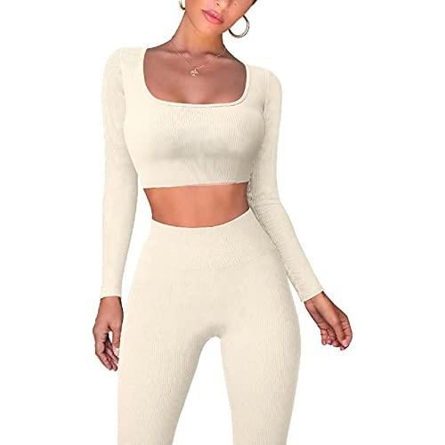 Seamless Workout Sets for Women 2 Piece Ribbed Long Sleeve Crop Top High Waist Yoga Leggings Gym Outfits Set (B White , M ) - #EVIMomStuff#