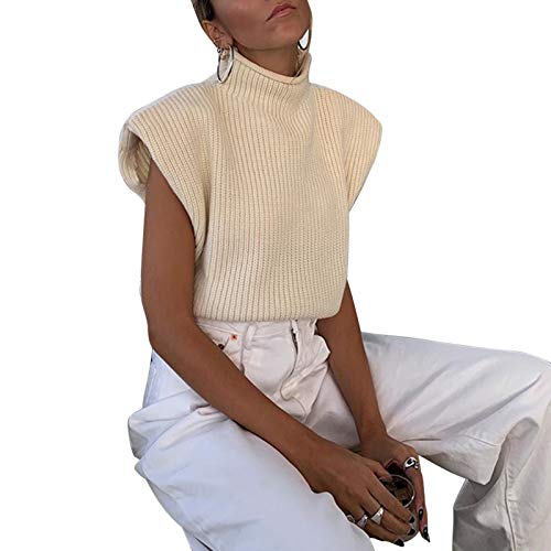 usmle Women 's Knit Sweater Vest Turtleneck Sleeveless Jumpers Tank Tops Shoulder Pads Fall Winter Knitwear Shirts Streetwear (Apricot, M)