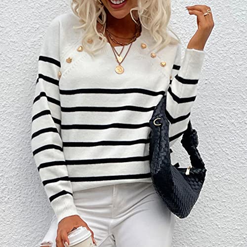 Women Knit Striped Sweater Pullover Round Neck Sweater Basic Long Sleeve Shirt Tops Sweatshirt Thin Knitted Vivid Colors Sweater(S-White) - #EVIMomStuff#