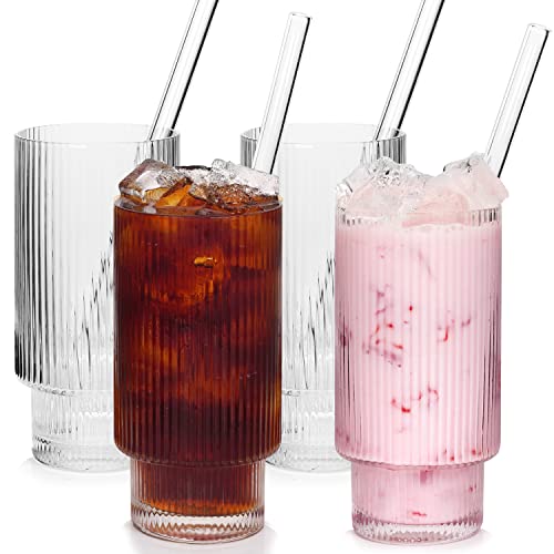 Ribbed Glassware Set of 4, 14oz Ribbed Glass Cups with Glass Straw, Ribbed Juice Glass Fluted Glassware Ribbed Drinking Glasses for Margaritas Whiskey Smoothie Ice Tea Coffee Soda Cocktail Beer Gift