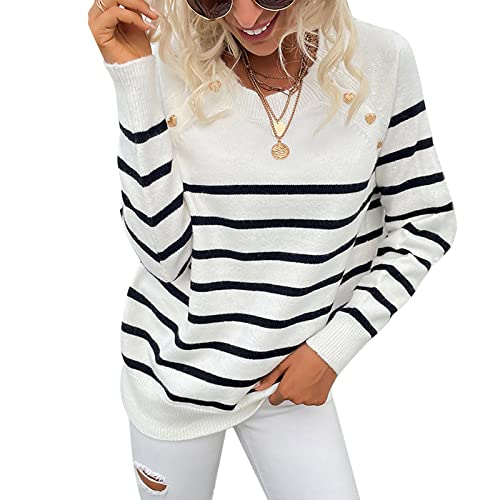 Women Knit Striped Sweater Pullover Round Neck Sweater Basic Long Sleeve Shirt Tops Sweatshirt Thin Knitted Vivid Colors Sweater(S-White) - #EVIMomStuff#