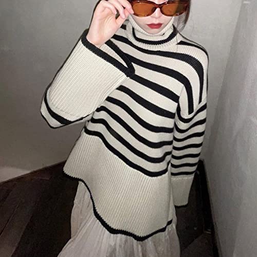 FeMereina Women's Long Sleeve Striped Sweater Turtleneck Casual Loose Side Split Ribbed Knit Pullover Jumper Tops (Black White, X-Large) - #EVIMomStuff#