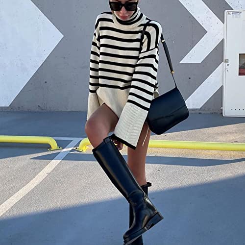 FeMereina Women's Long Sleeve Striped Sweater Turtleneck Casual Loose Side Split Ribbed Knit Pullover Jumper Tops (Black White, X-Large) - #EVIMomStuff#