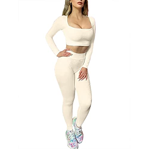 Seamless Workout Sets for Women 2 Piece Ribbed Long Sleeve Crop Top High Waist Yoga Leggings Gym Outfits Set (B White , M ) - #EVIMomStuff#