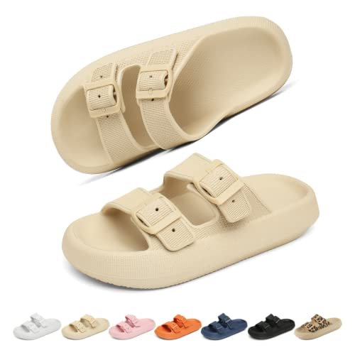 Geweo Cloud Sandals for Women Men Buckle Sandals Super Comfy Cloud Slippers Thick Sole Pillow Slippers Non-Slip Bathroom Slippers for Pool Beach Summer Sliders Unisex Beige 4/4.5UK(37/38EU) - #EVIMomStuff#