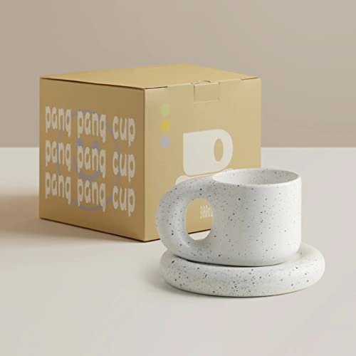 OCHS LIFESTYLE Ceramic Mug Saucer, Handmade Ceramic Fat Handle Mug with Saucer Set (300ml, White & Black Speckle)