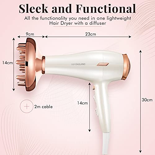 HairDryer with Diffuser Attachment, Hairdryer for Women -1800 Watt Blow Dryer with 2 Speed, 3 Heat Settings, Cool Shot Button - Great Mothers Day Gifts for Mum by Lily England, Rose Gold/UK Plug - #EVIMomStuff#