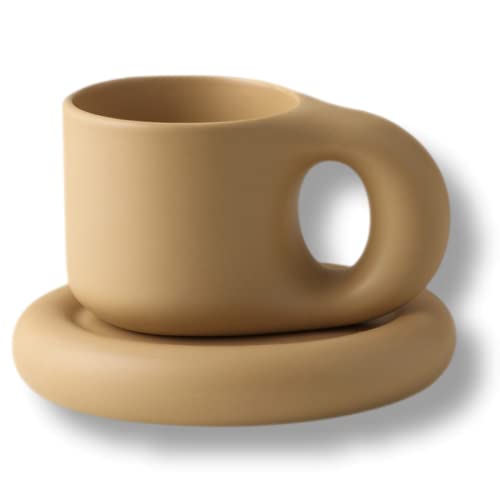 OCHS LIFESTYLE Cup and Saucer Set, Chubby Cute Ceramic Mug and Saucer for Tea, Coffee and Home (300ml, Hazelnut)